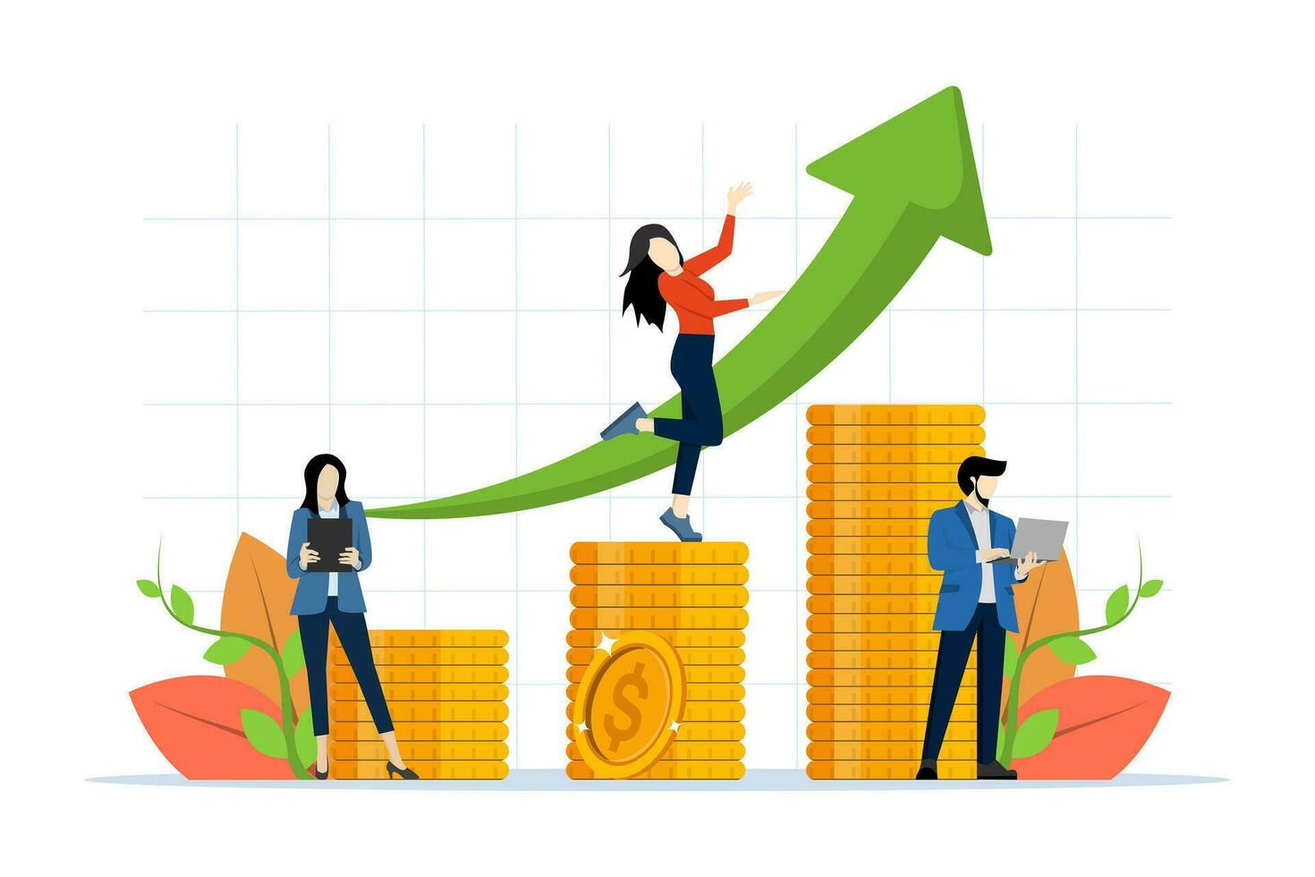 zunehmend Einkommen und Investition, erfolgreich Geschäft Das wächst und erzeugt groß finanziell kehrt zurück, Geschäft Strategie und Analytik, Stapel von Geld, Gold Dollar Münzen. eben Vektor Illustration.