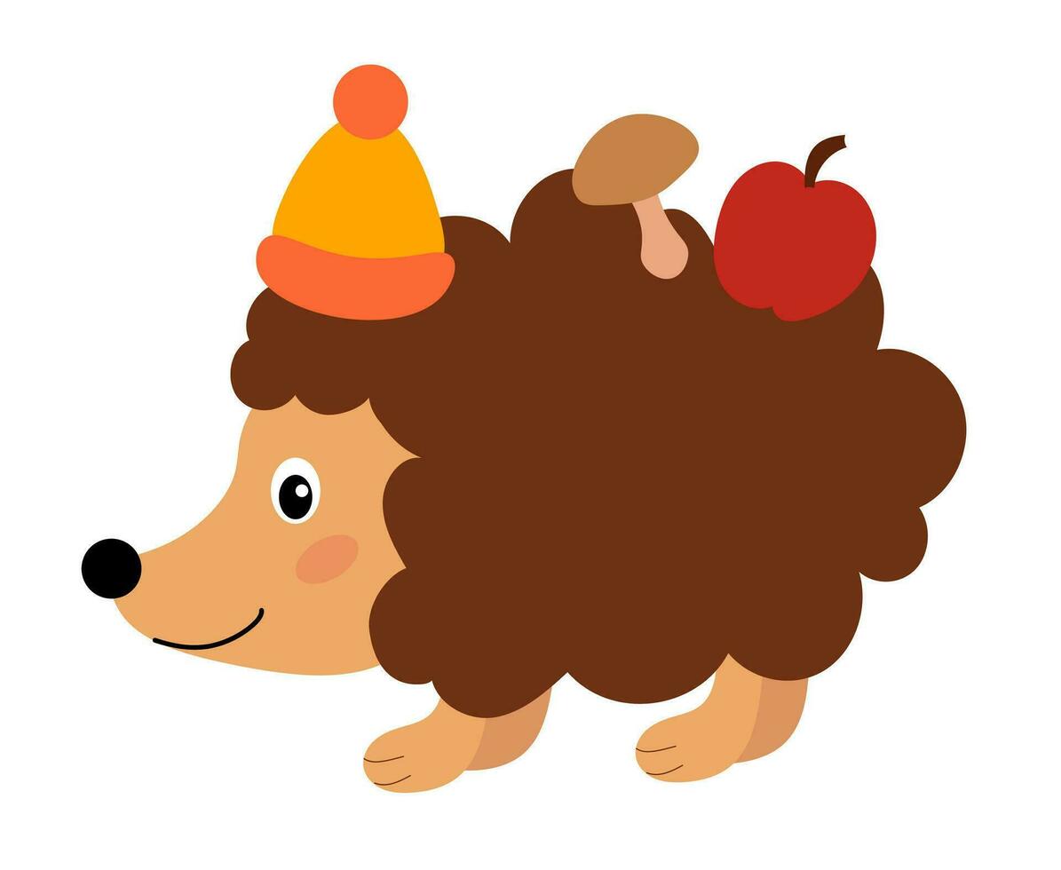 Igel stachelig mit Hut, Apfel und Pilz. Herbst Karikatur Wald Tier Charakter. Konzept zum Kinder Design. Vektor eben Illustration.