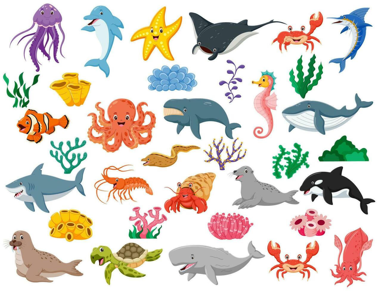 fisk och vild marin djur är isolerat på vit bakgrund. invånare av de hav värld, söt, rolig under vattnet varelser delfin, haj, hav krabbor, hav sköldpadda, räka. vektor illustration
