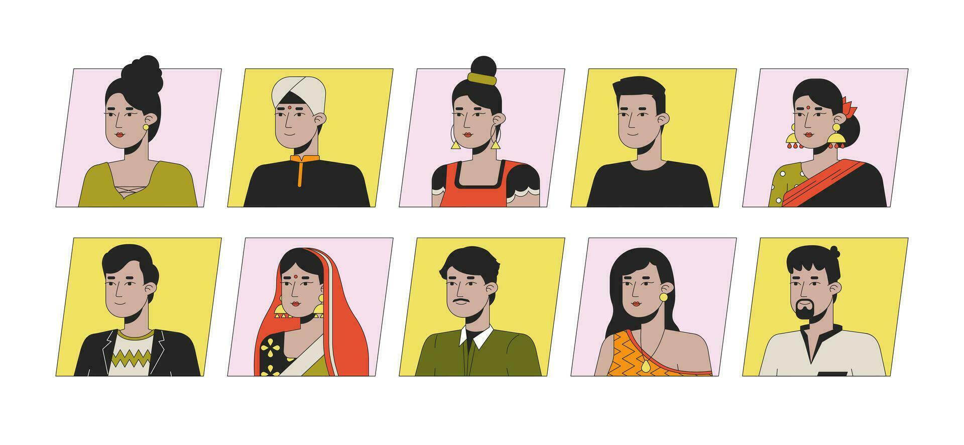 Söt indisk människor platt Färg tecknad serie avatar ikoner bunt. redigerbar 2d användare porträtt linjär illustration. isolerat vektor ansikte profil ClipArt. userpic samling, person huvud och axlar