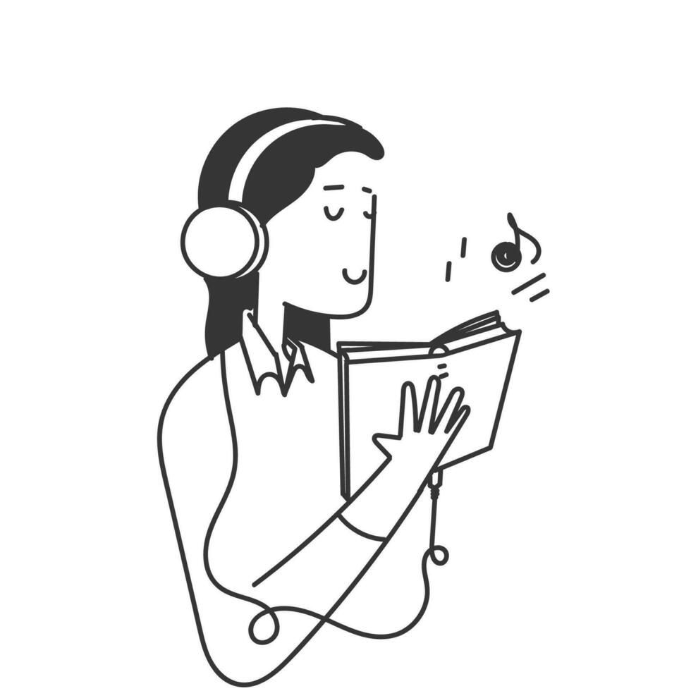 Hand gezeichnet Gekritzel Mädchen Hören zu Audio- Buch Illustration Vektor