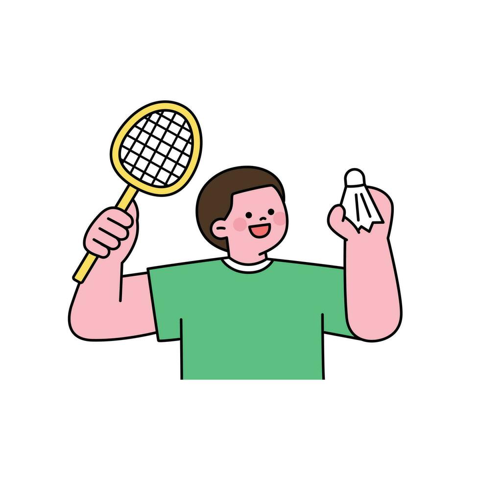 ein süß Junge ist halten ein Badminton Schläger und Federball. Gliederung einfach Vektor Illustration.