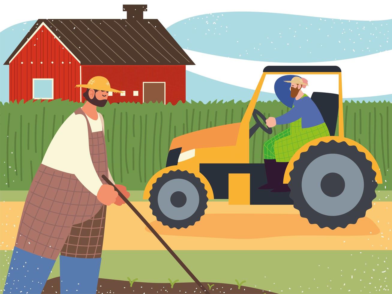 Land- und Landwirtschaftsarbeiter im Traktor und Pflanzen vektor