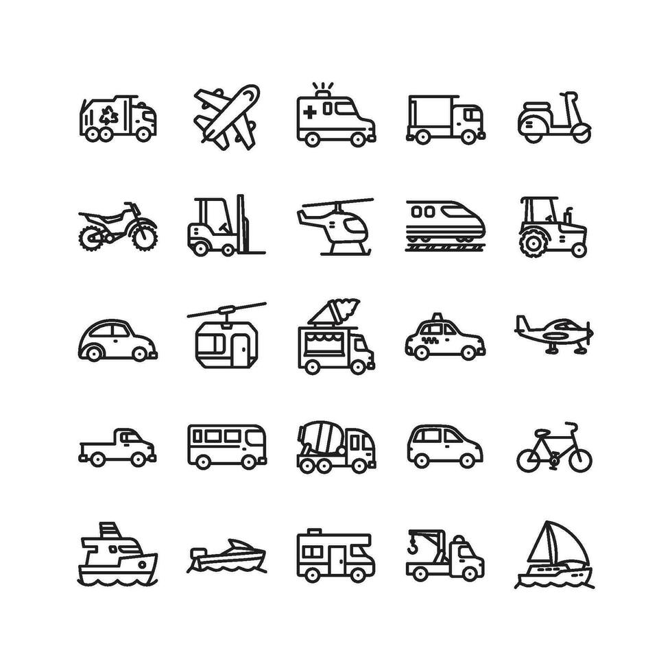enkel uppsättning av transportrelaterad vektor linje ikoner innehåller sådan ikoner som taxi, tåg, lastbil, flygplan, ambulans, traktor, och Mer. redigerbar stroke. pixel-perfekt på 64x64
