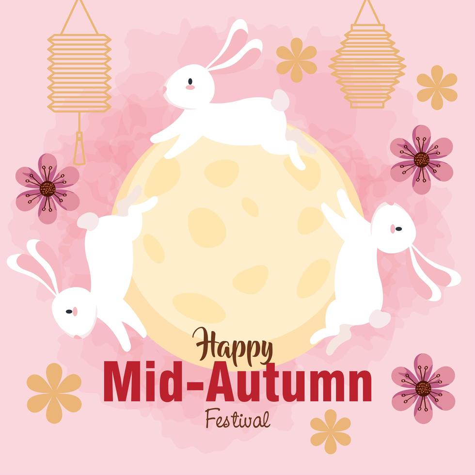 kinesisk midhöstfestival med kaniner, fullmåne, blommor och lyktor hängande vektor