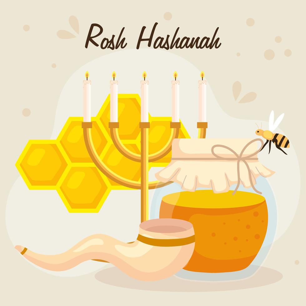 rosh hashanah firande, judiskt nytt år, med flaskhonung, ljuskrona och dekoration vektor