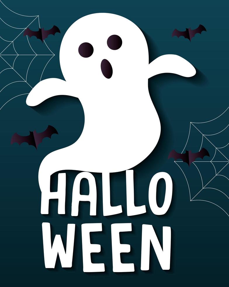 Fröhliches Halloween-Banner mit Geist, Spinnweben und Fledermäusen, die im Scherenschnitt-Stil fliegen vektor
