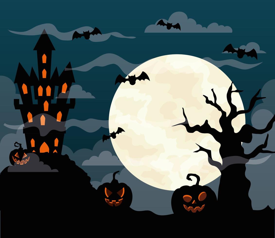 lycklig halloween bakgrund med hemsökt slott, pumpor, fladdermöss som flyger, torrt träd och fullmåne vektor