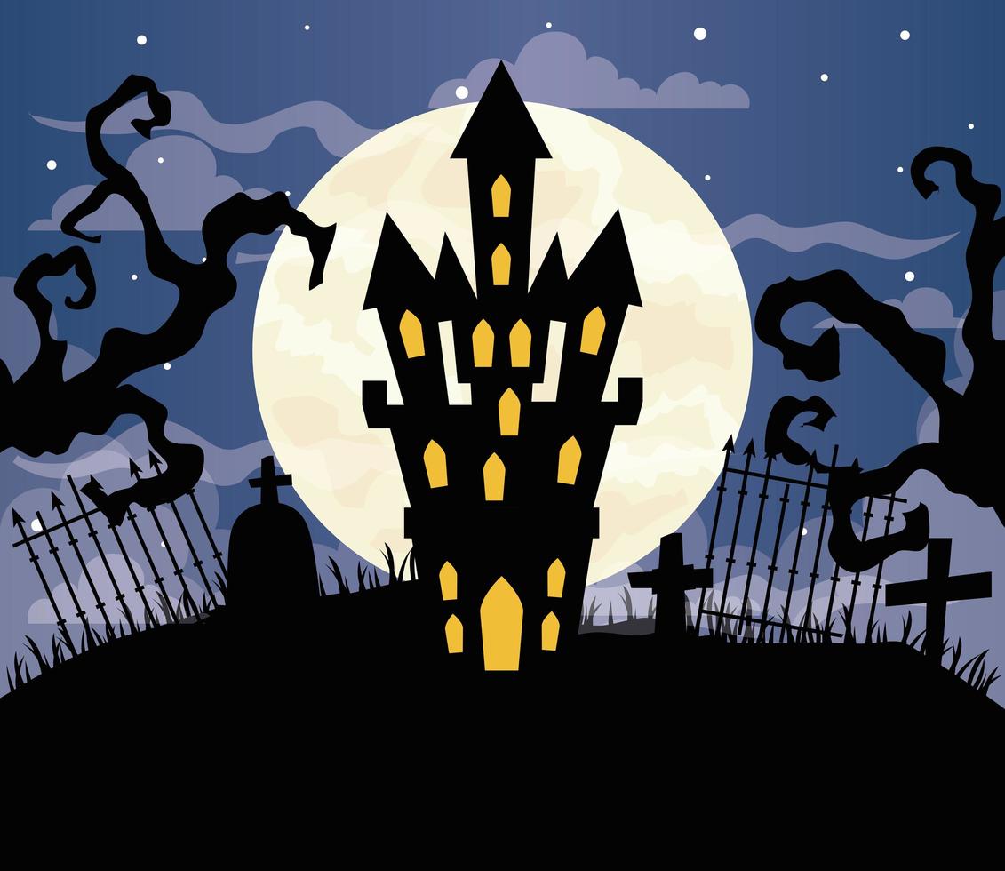glad halloween bakgrund med slott hemsökt på kyrkogårdsscen vektor