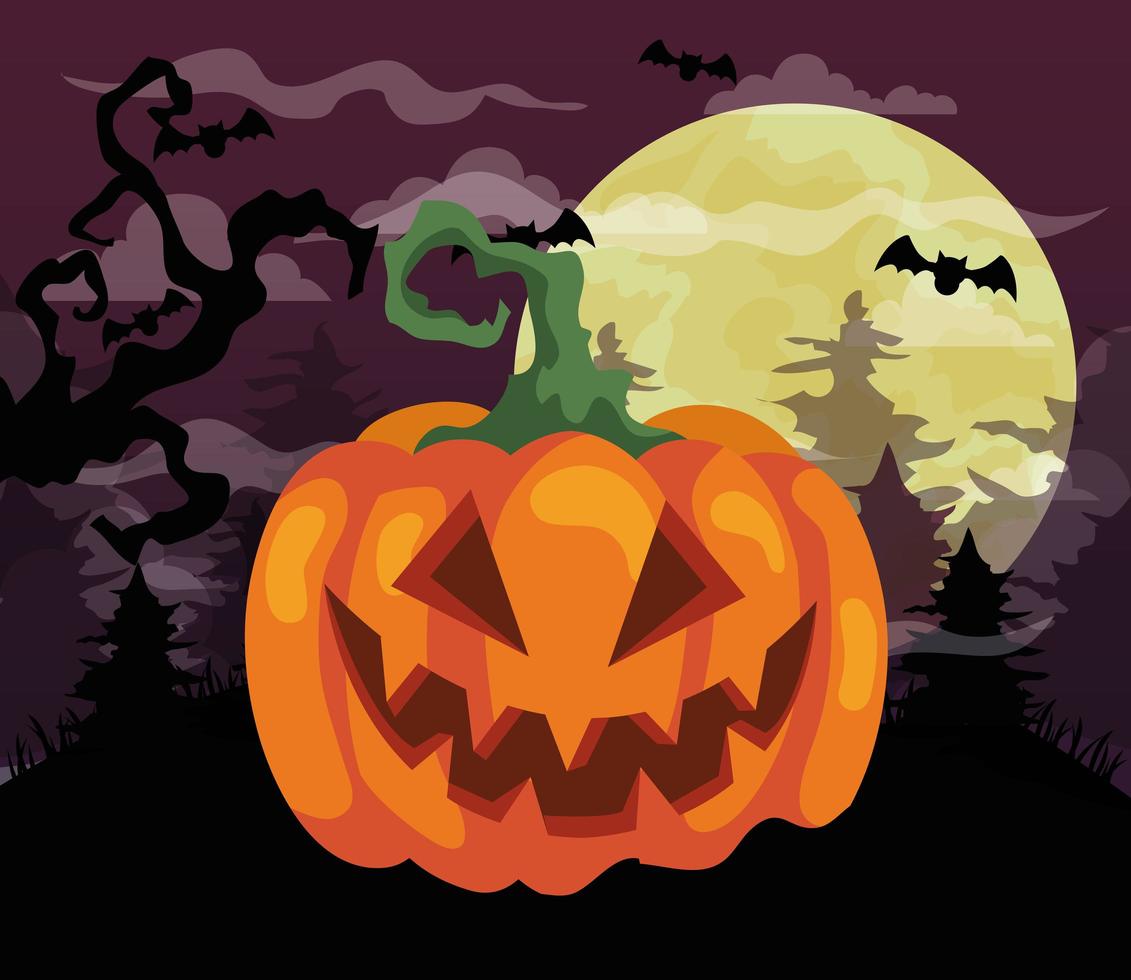 Fröhlicher Halloween-Hintergrund mit Kürbis, trockenem Baum, fliegenden Fledermäusen und Vollmond vektor