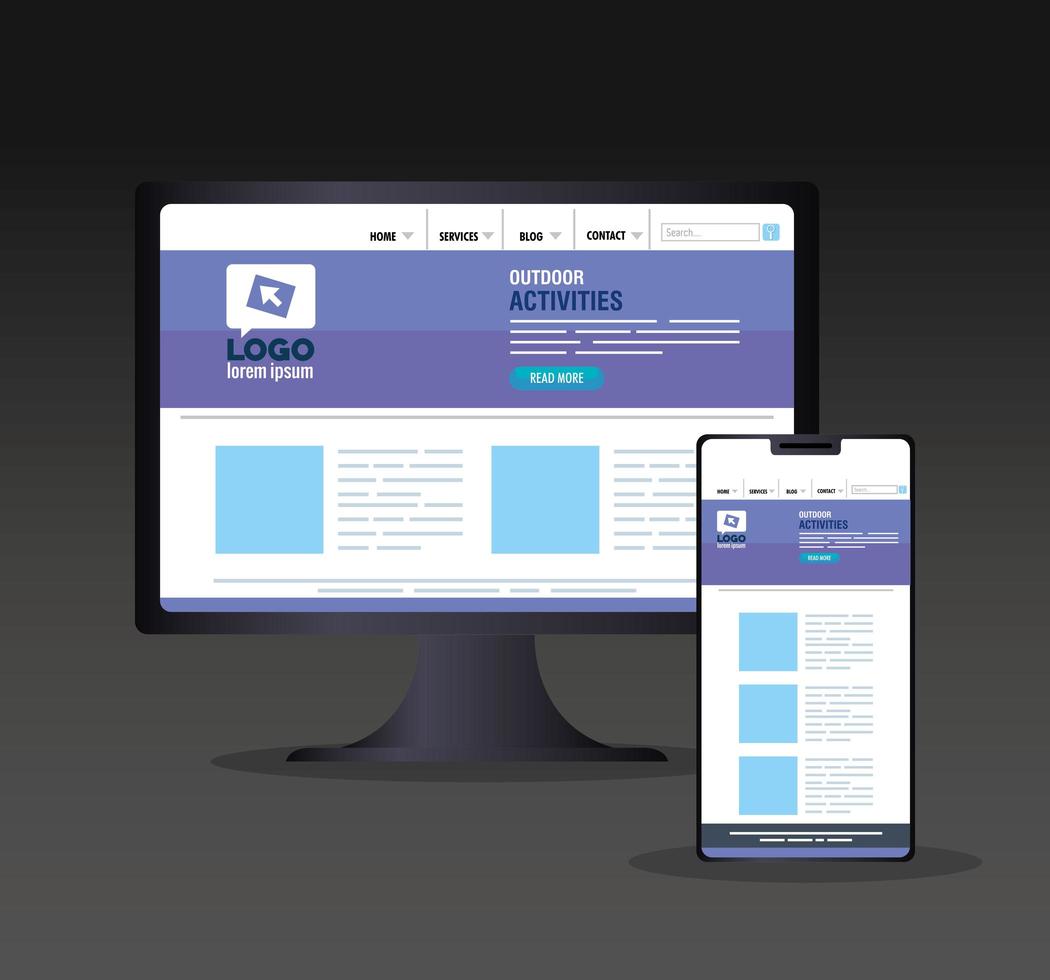 Mockup Responsive Web, Konzept-Website-Entwicklung in Desktop-Computer und Smartphone vektor