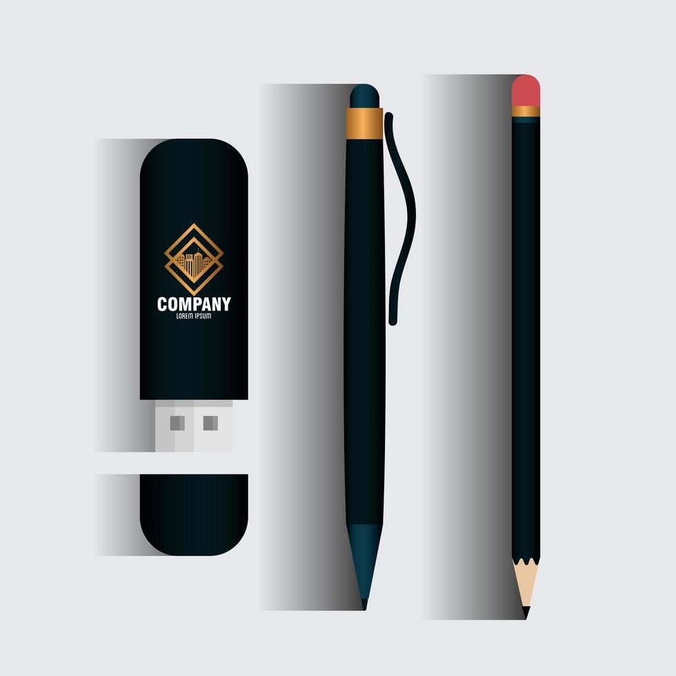 Corporate Identity Markenmodell, USB und Bleistifte schwarzes Modell mit goldenem Schild vektor