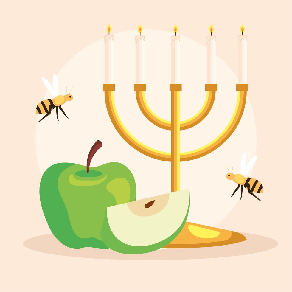 Rosh Hashanah Feier, jüdisches Neujahr, mit Kronleuchter, Apfel und fliegenden Bienen vektor