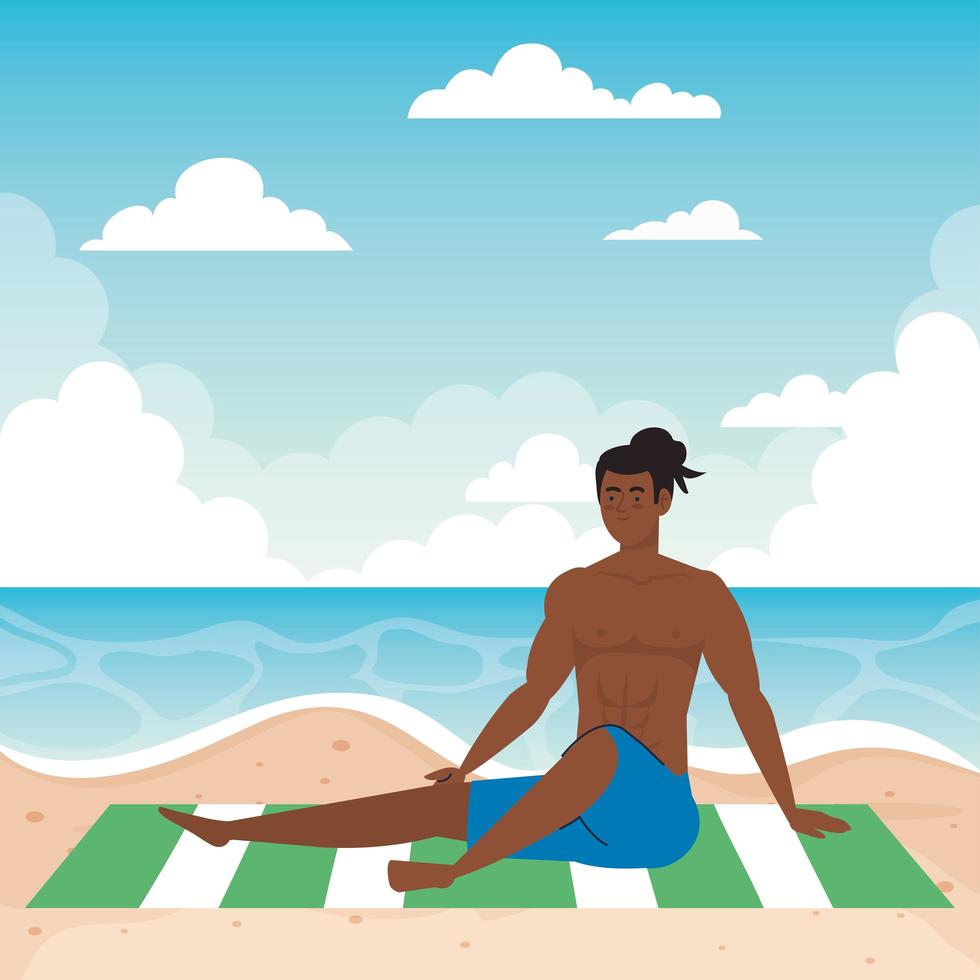Mann liegt bräunend am Strand, Sommerferienzeit vektor
