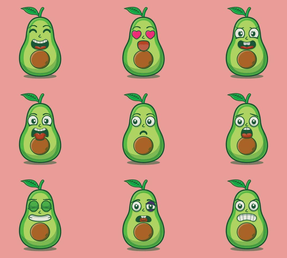 süß und kawaii Avocado Emoticon Ausdruck Illustration einstellen vektor