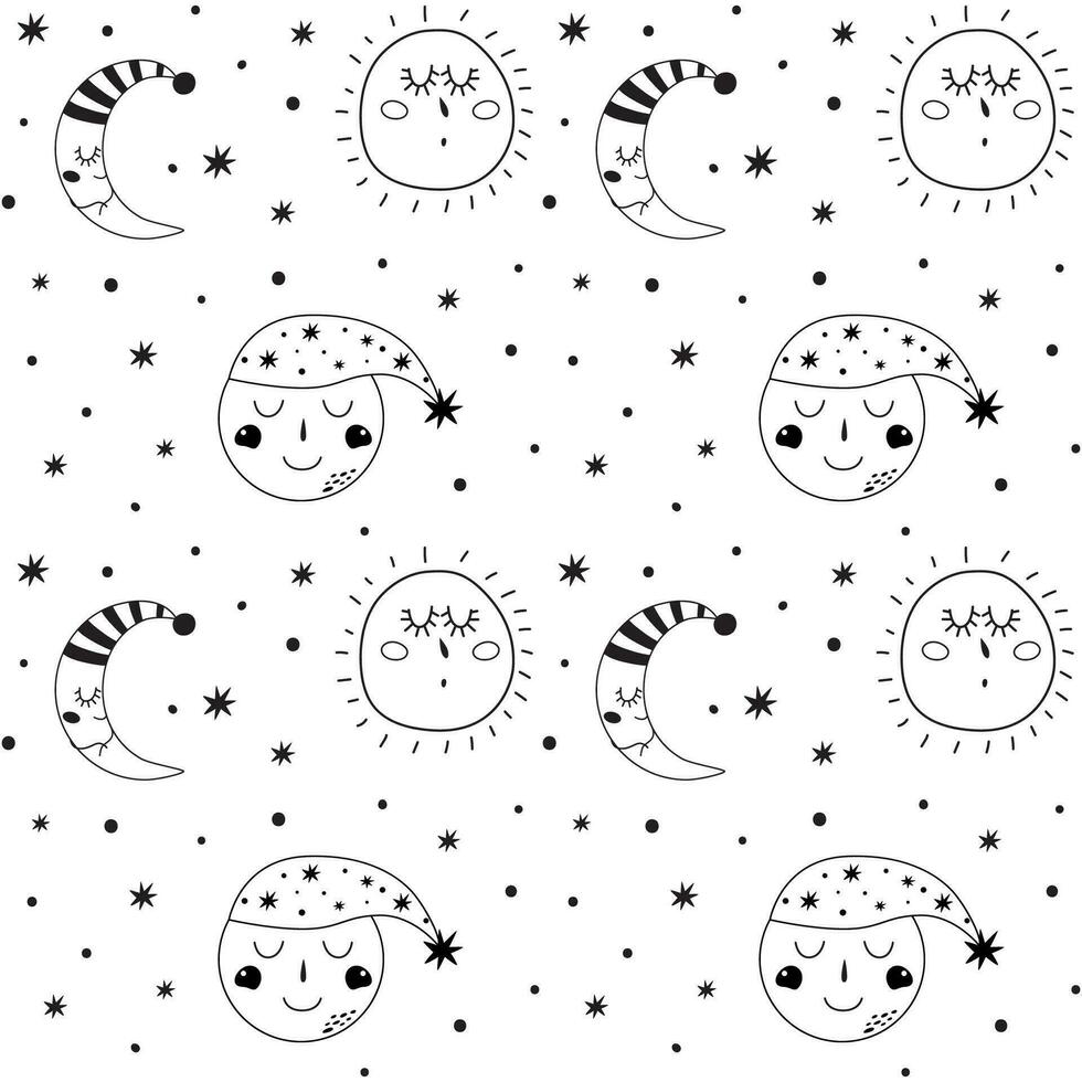 Mond Gekritzel Muster. Baby Mond Hintergrund. süß Kinder Mond Charakter, Sterne. schläfrig Mond Hintergrund. träumend Textil- Design. Hand gezeichnet Halbmond mit Gesicht. Vektor Illustration zum Mädchen, Jungen.