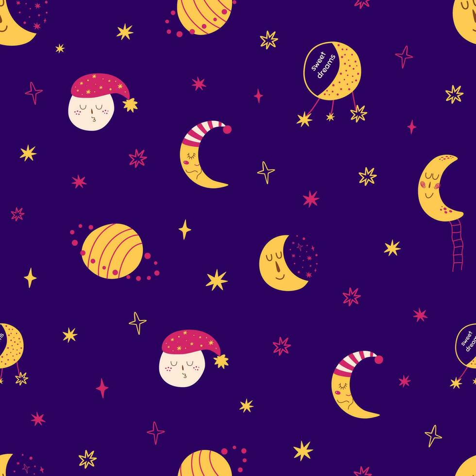 Baby Mond Muster. schläfrig Mond Gesicht. Nacht Zeit dunkel Hintergrund. kindisch nahtlos Muster. süß Hand gezeichnet Planeten, Sterne, Mond. Raum Baby Design. Himmel Stoff, Textil, Hintergrund Vektor Illustration.