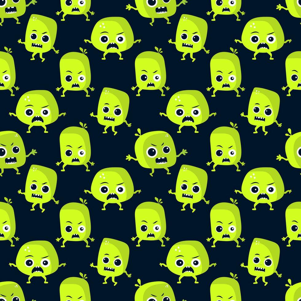 sömlös mönster med illustrationer av söt grön monster för de halloween Semester. vektor mönster på en mörk blå bakgrund av liten grön ljus varelser för Semester tyg skriva ut eller förpackning