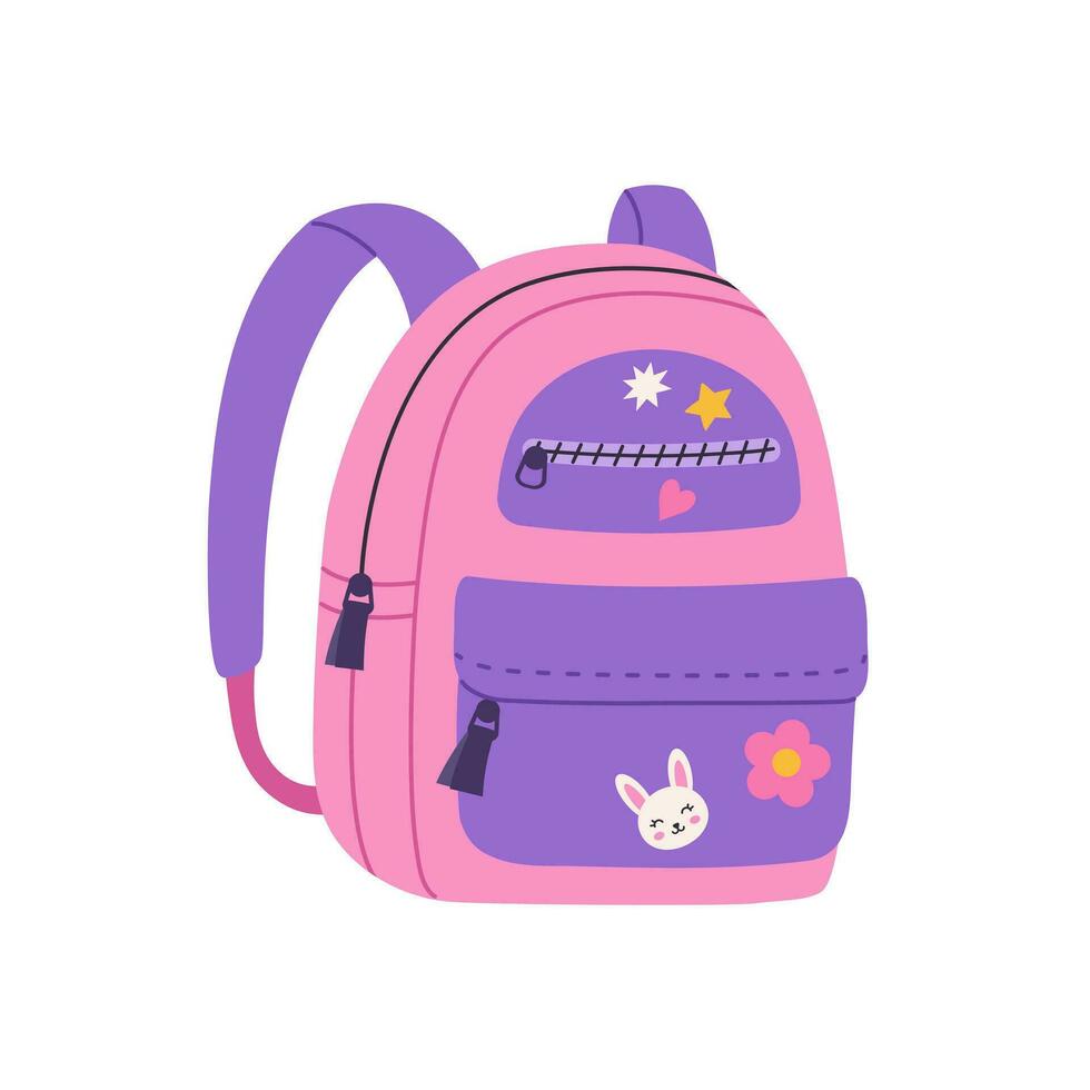 süß Rosa Schule Rucksack mit Flecken. Kinder Tasche zum Schule Lieferungen. eben Karikatur Stil. modisch modern Vektor Illustration isoliert auf Weiß Hintergrund.