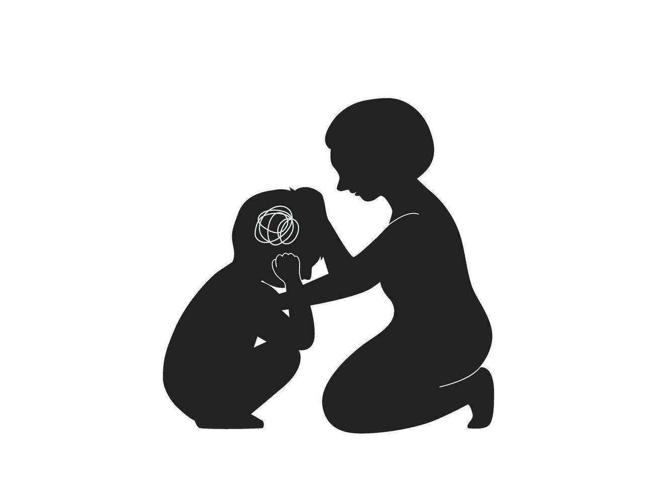 silhuett av en pojke skaffa sig påfrestning och ledsen känsla på Hem med Stöd mor tar vård honom, mental hälsa barn begrepp. platt vektor illustration.