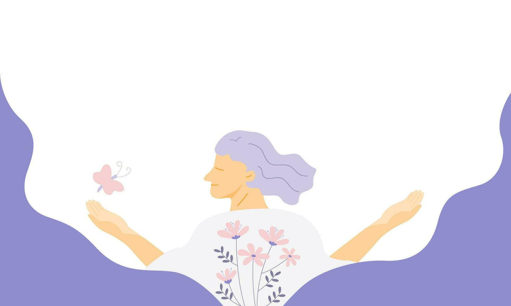 mental Gesundheit Hintergrund zum Banner, Frau lächelnd und glücklich Emotion mit Blumen und Schmetterling. eben Vektor Illustration Banner.