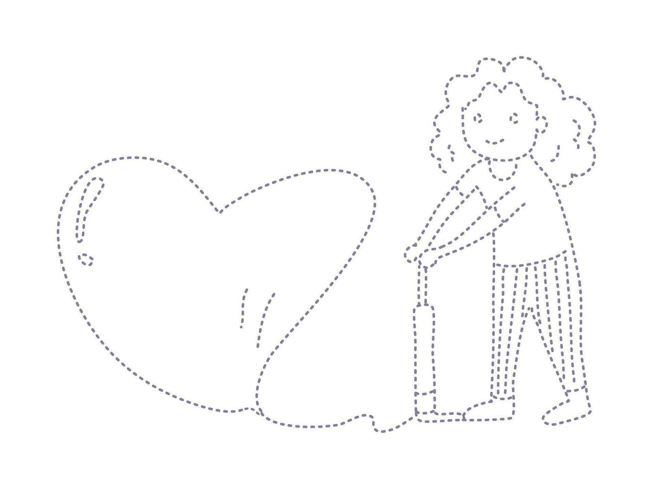 en flicka med hjärta, söt tecknad serie prickad linje för inbjudan kort. vektor