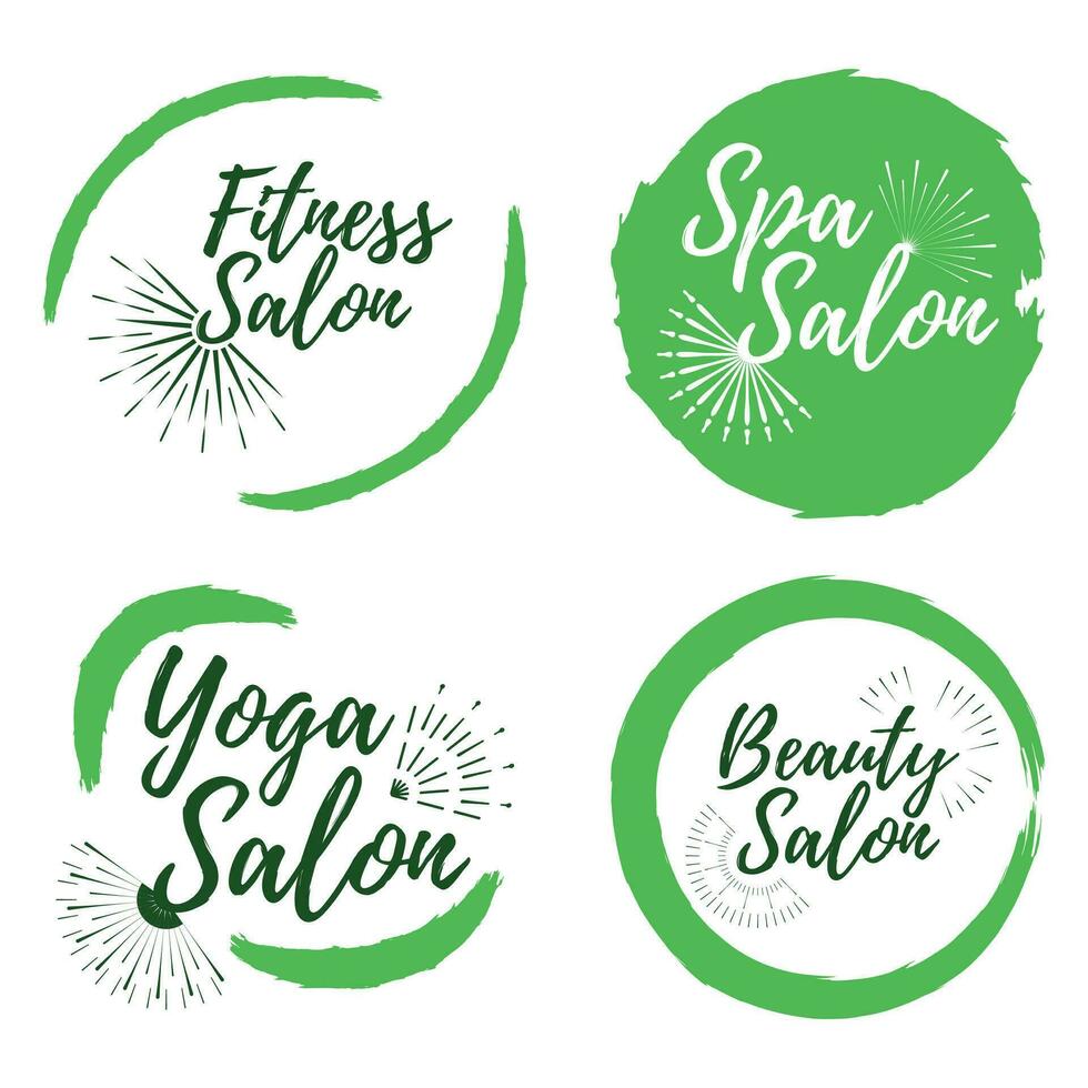 einstellen von Yoga Verein, Spa Center und Sport Salon Etikett. gesund Lebensstil Abzeichen. Vektor Illustration Symbol mit Sunburst