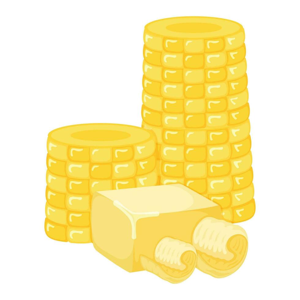 Ohr von Süss Mais mit Milch Produkt natürlich Zutat Butter, Margarine Symbol, Frühstück organisch Molkerei Karikatur Vektor Illustration, isoliert auf Weiß.