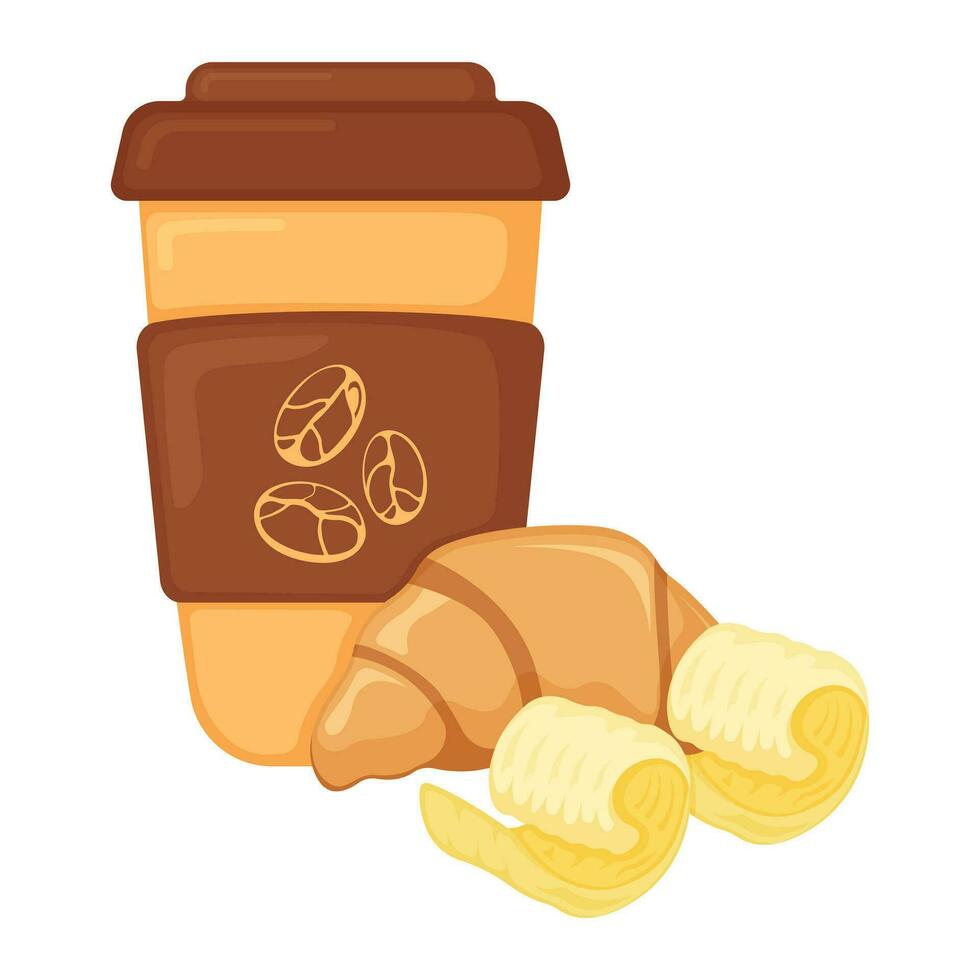 Französisch Croissant mit Kaffee Tasse, Frühstück Butter Bäckerei Produkt Symbol, Konzept Karikatur organisch Getränk Essen Vektor Illustration, isoliert auf Weiß.