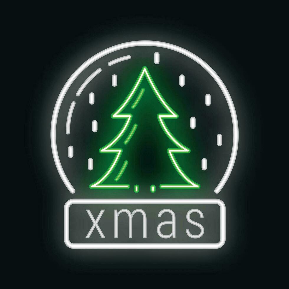 Konzept glücklich Neu Jahr, fröhlich Weihnachten Baum Spielzeug Symbol, Neon- glühen Weihnachten Etikette Urlaub Winter Zeit eben Vektor Illustration, isoliert auf schwarz.
