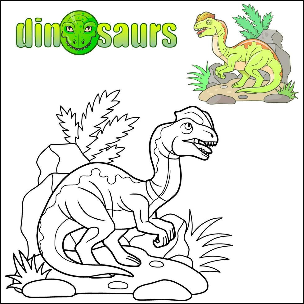 tecknad serie förhistorisk dinosaurie dilofosaurus, färg bok vektor