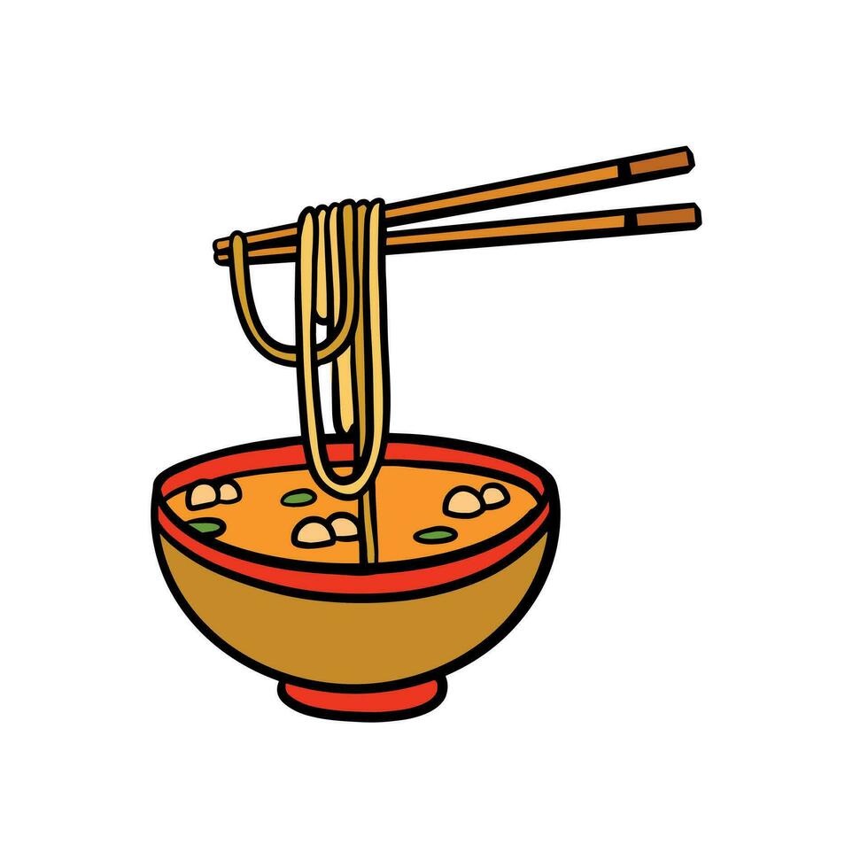Ramen spaghetti och trä- pinnar i skål. ätpinnar med lång pasta. asiatisk japansk och kinesisk mat. vektor