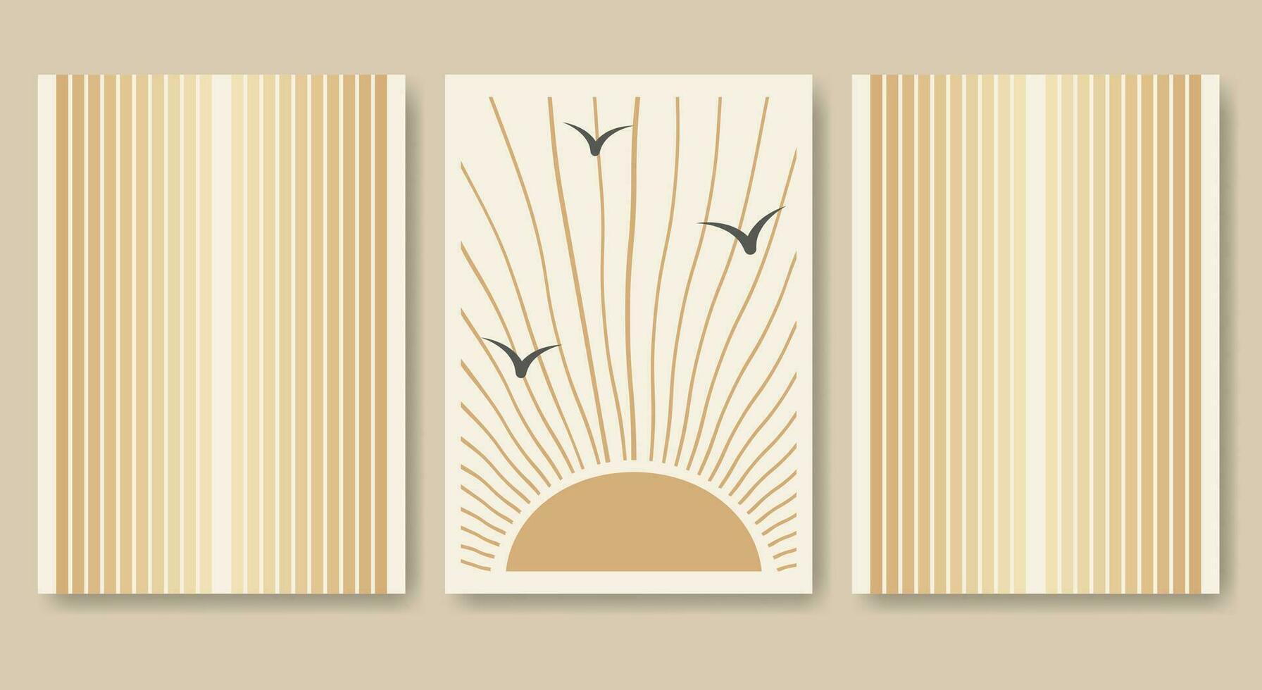 Beige Sonne mit Vögel Sommer- ästhetisch Illustration Poster einstellen vektor