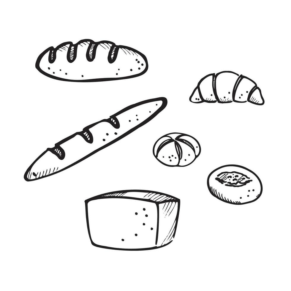 Bäckerei Produkte Vektor Illustration auf isoliert hintergrund.hand gezeichnet einstellen mit brot, Brötchen, Croissant im skizzieren Stil. Design Element zum Poster, Etikett, Vorlage, Karte, Logo, Hintergrund, drucken, Speisekarte