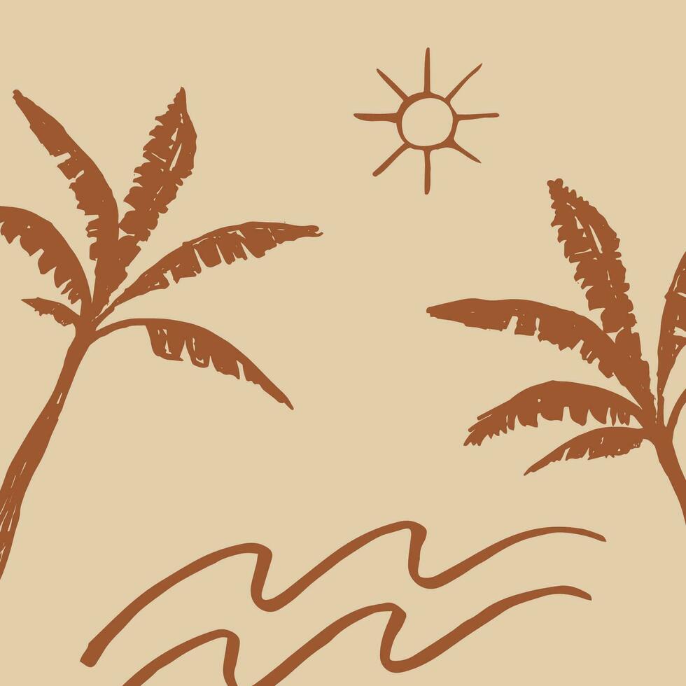 tropisch Landschaft Hintergrund zum Banner, Vorlage, Postkarte, Karte, Netz, drucken, Lügendetektor, Etikett, Vorlage. Hand gezeichnet Vektor Hintergrund Illustration mit Palme Bäume Wellen, Sonne. Boho Stil Yachthafen Motiv