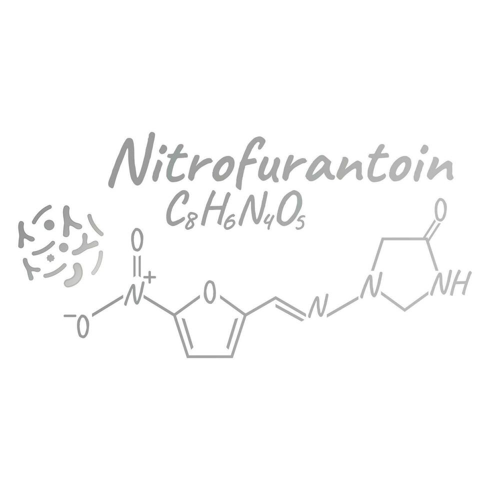 Nitrofurantoin Antibiotikum chemisch Formel und Komposition, Konzept strukturell medizinisch Arzneimittel, isoliert auf Weiß Hintergrund, Vektor Illustration.