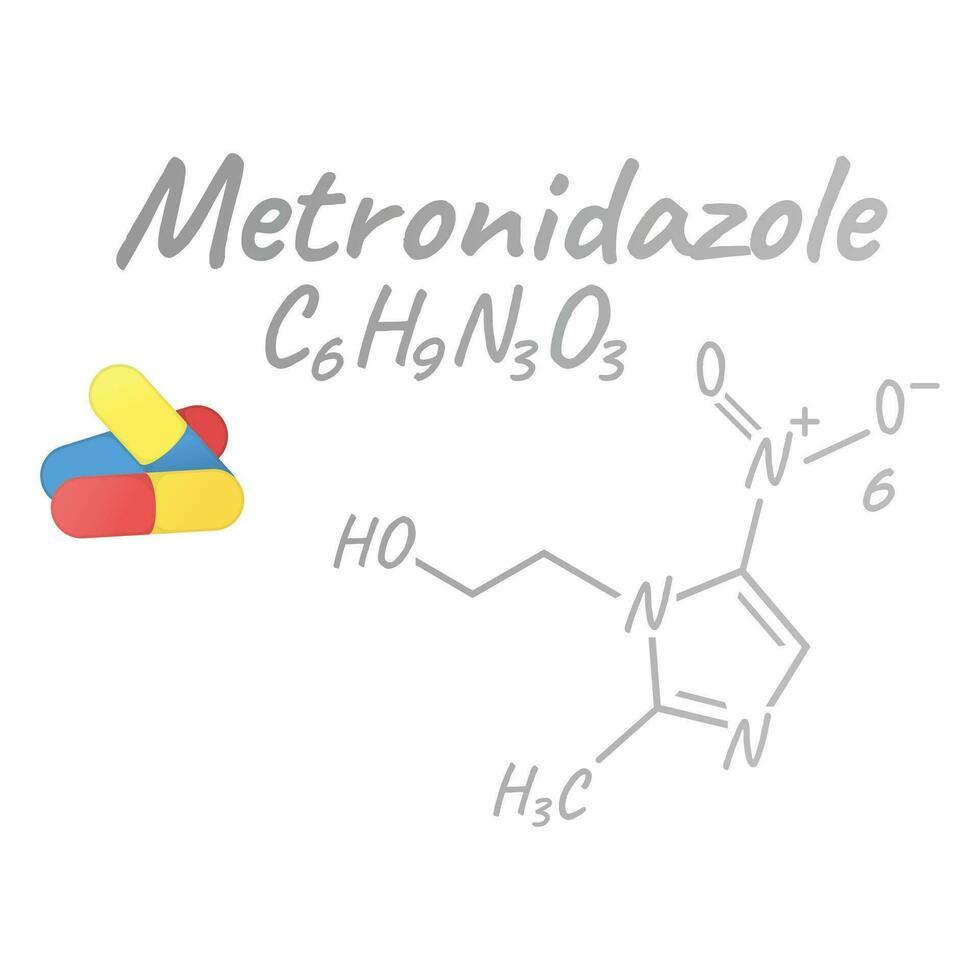 metronidazol antibiotikum kemisk formel och sammansättning, begrepp strukturell medicinsk läkemedel, isolerat på vit bakgrund, vektor illustration.