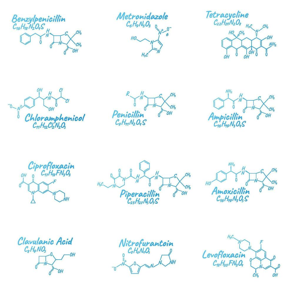 uppsättning av antibiotikum kemisk formel och sammansättning, begrepp strukturell medicinsk läkemedel, isolerat på vit bakgrund, vektor illustration.