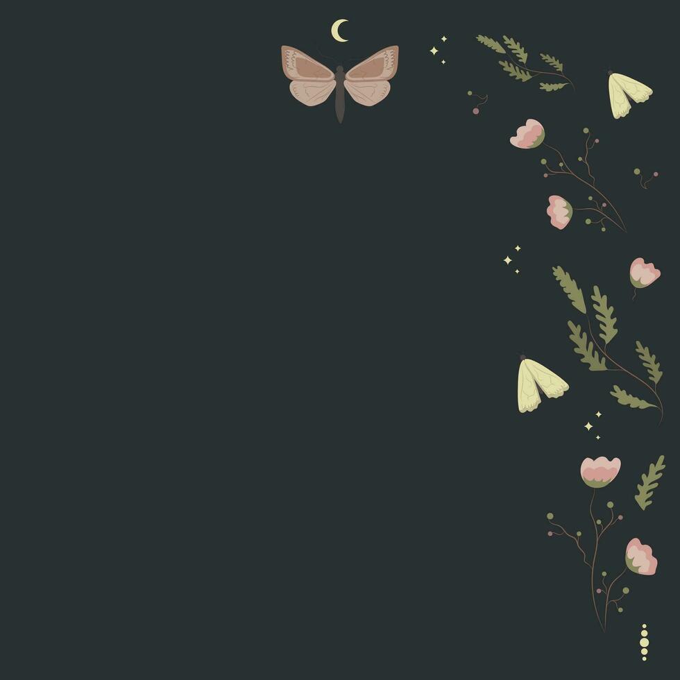 magi vektor bakgrund med nattfjärilar, måne och stjärnor, blommor och botanisk element på mörk bakgrund