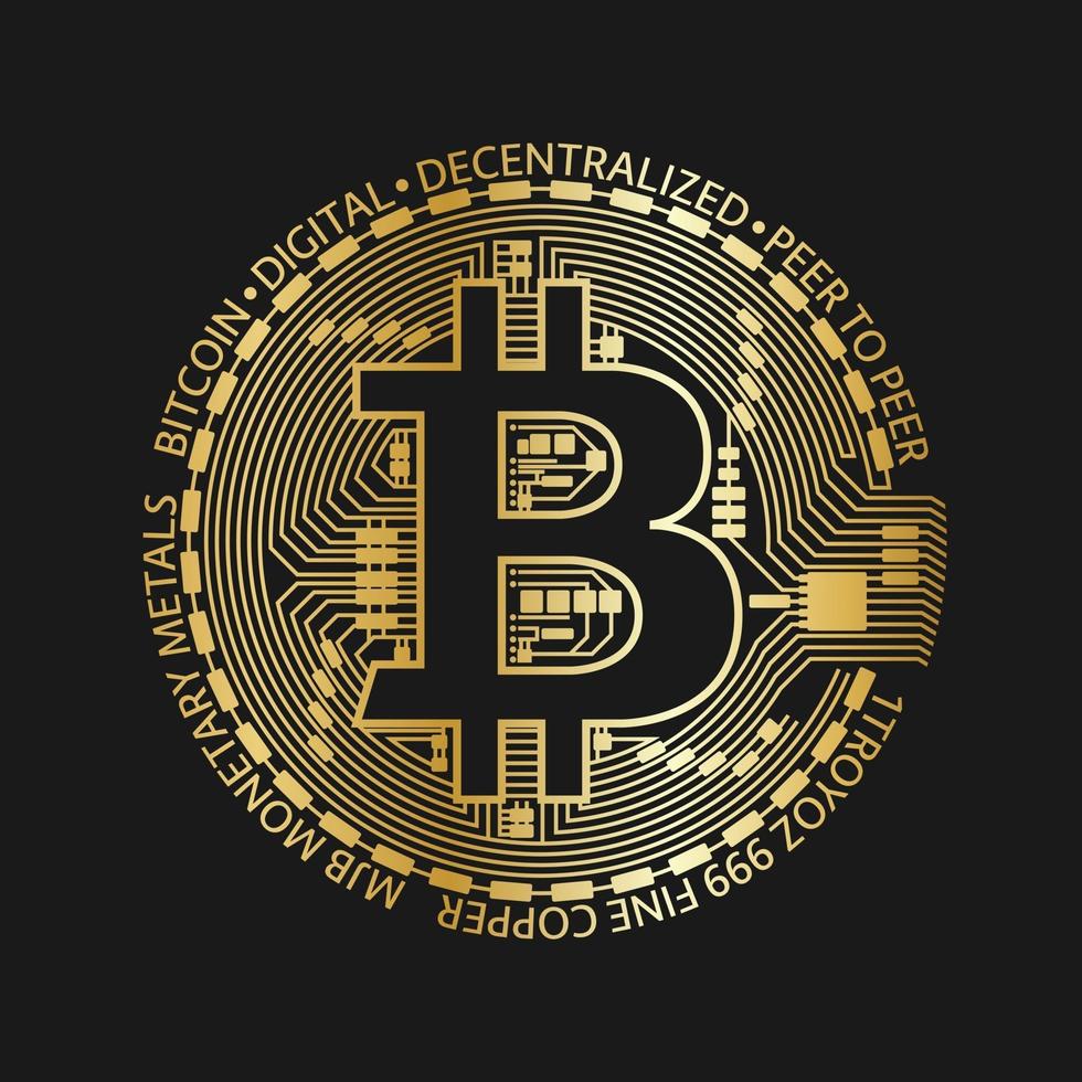 gyllene bitcoin mynt, vektor kryptovaluta gyllene symbol isolerad på svart bakgrund, blockchain-teknik