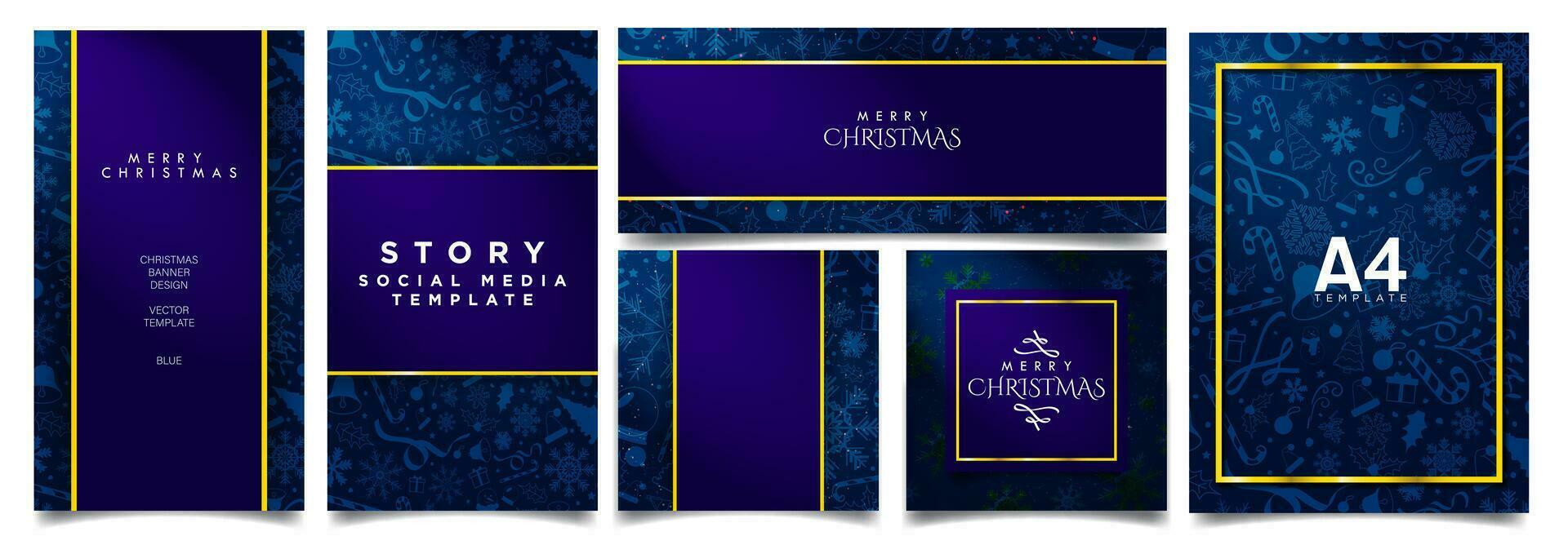 uppsättning av blå och guld jul kort affisch mallar, hälsning kort, affisch, baner layout, social media berättelse, vertikal. elegant dekorativ jul design mallar. redigerbar vektor illustration.