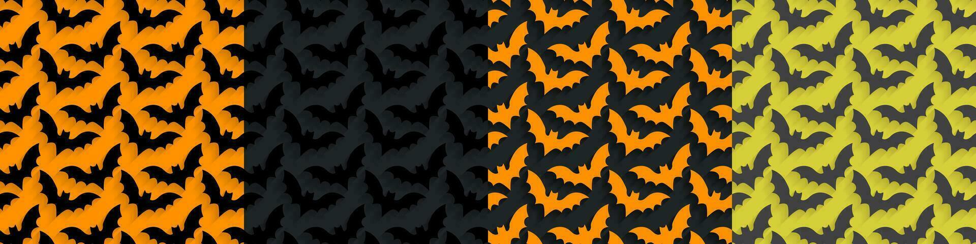 4 nahtlos Muster von Pop oben Karikatur fliegend Fledermäuse mit Schatten zum Perspektive auf orange, Orange Gelb, grau, und schwarz Hintergründe. bunt Halloween Muster Sammlung. Vektor Illustration. eps 10.