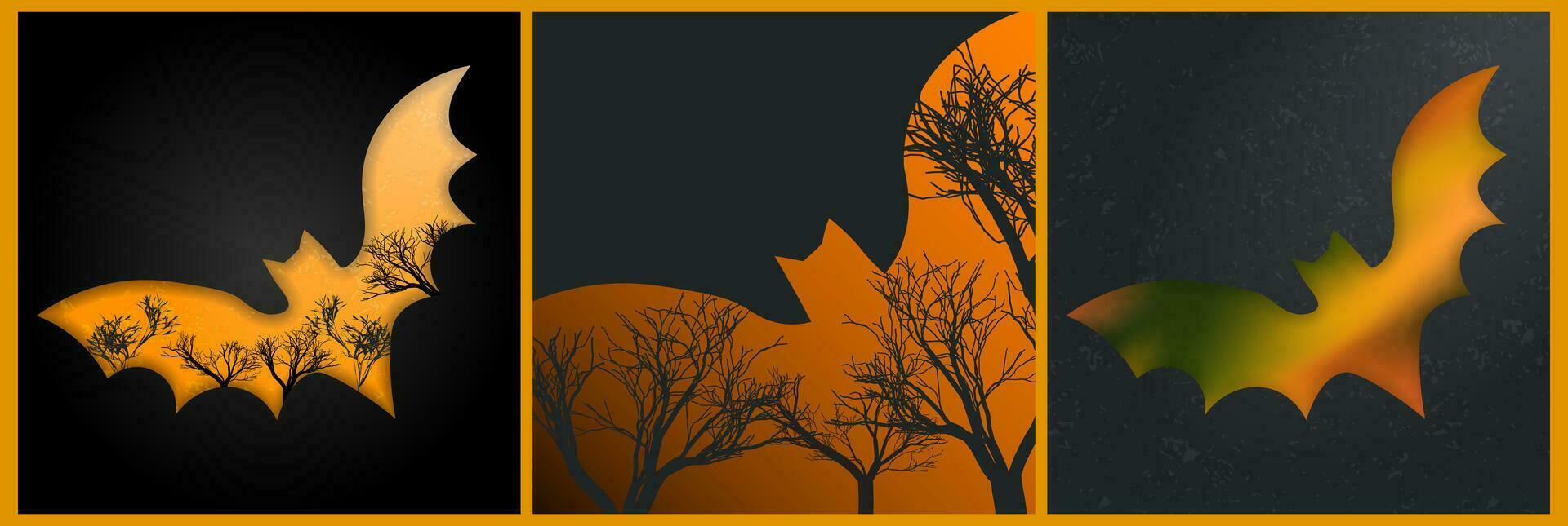 einstellen von Halloween und gruselig Schläger Rahmen Karte Vorlagen mit dunkel Baum Silhouetten auf Orange Gradient Hintergründe. editierbar Vektor Illustration. perfekt zum Karte, Poster, Banner, Einladungen, Zeichen.