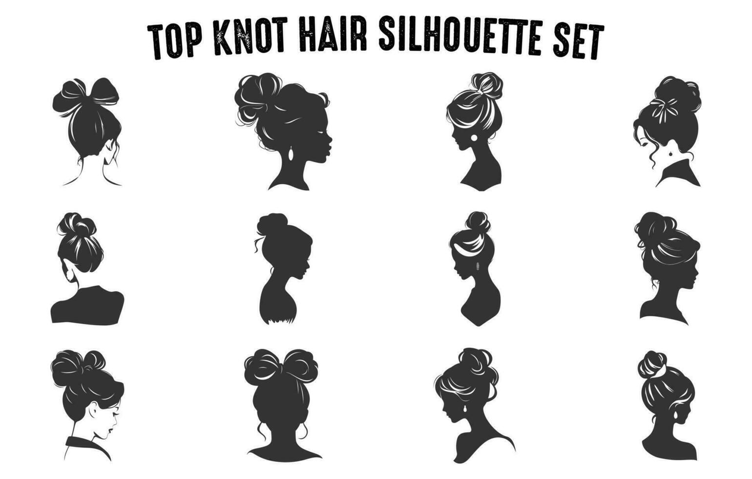 oben Knoten Haar Silhouetten Vektor Satz, Mädchen Frisuren Silhouetten, Damen Haar Silhouette Sammlung, Haar schwarz Silhouetten Illustration