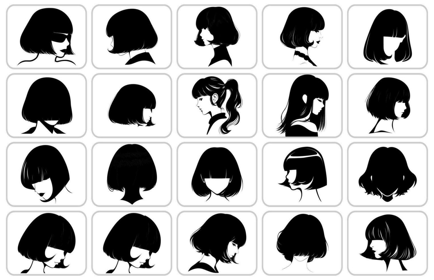 Pony Haar Silhouetten Vektor Satz, Mädchen Frisuren Silhouetten, Damen Haar Silhouette Sammlung, Haar schwarz Silhouetten Illustration