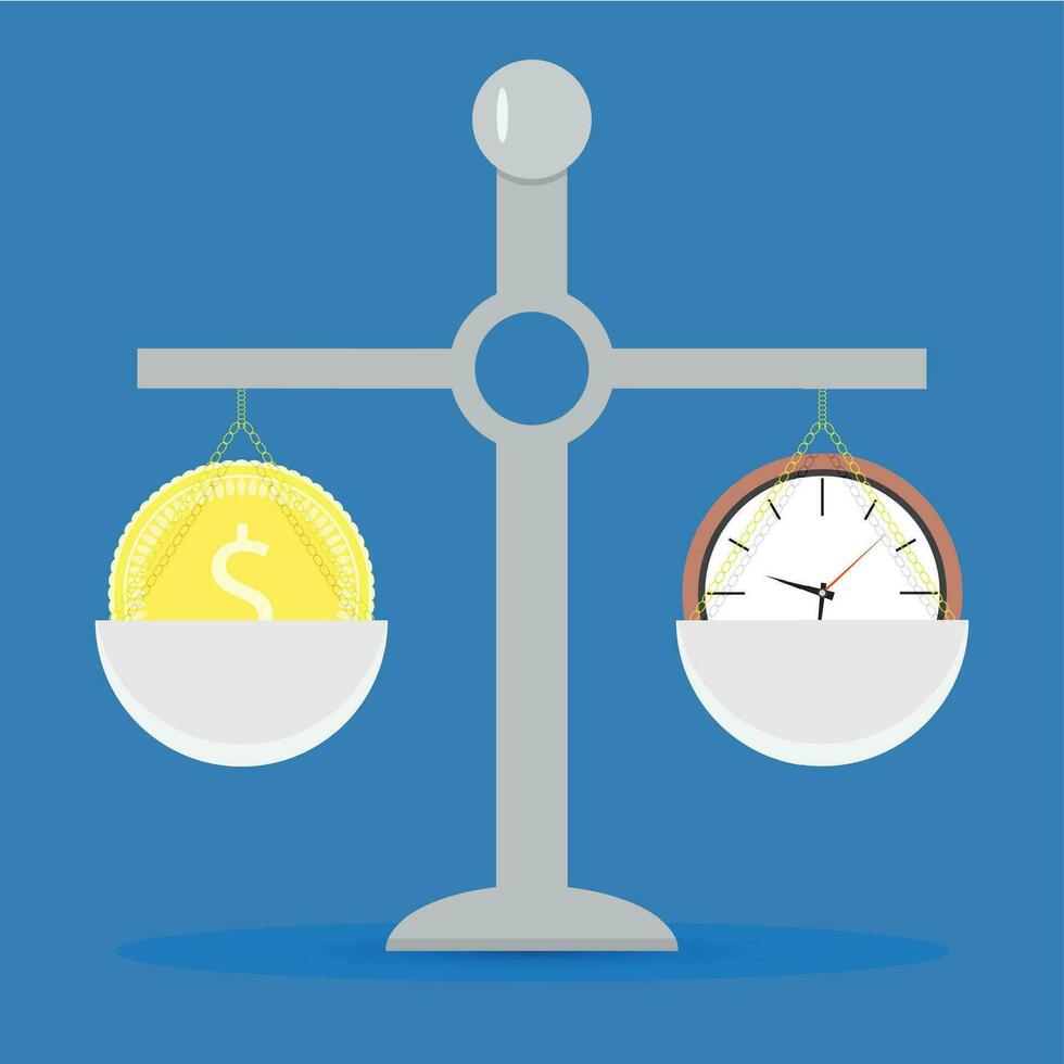 Zeit und Geld auf Skala. Balance Uhr und Finanzen Konzept, Vektor Illustration