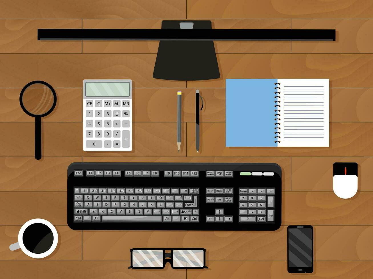 Arbeit Platz oben Sicht. Büro Platz Tabelle mit Computer. Vektor Illustration