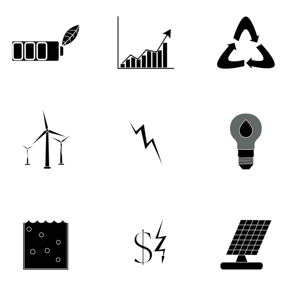 Alternative Energie Symbole schwarz Silhouette. Speichern Geld und ökologisch Batterie, Illustration von verlängerbar Elektrizität vektor