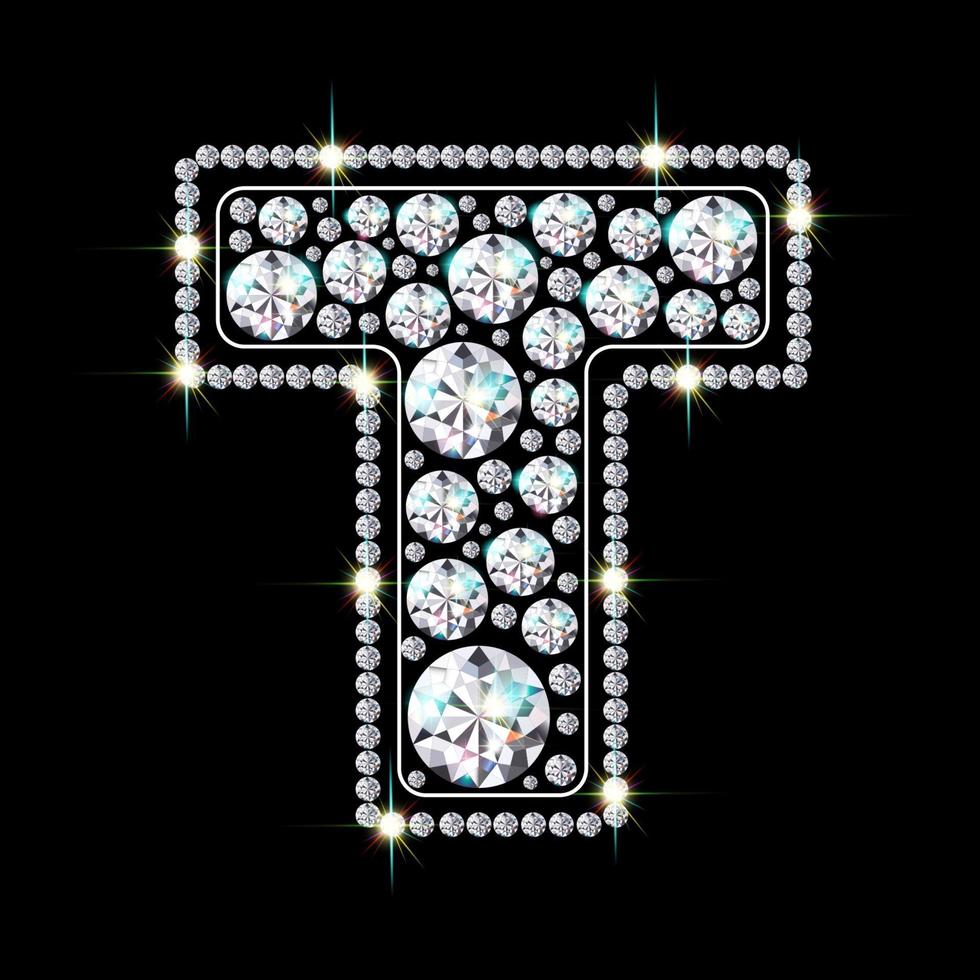 alfabetet bokstaven t gjord av ljusa, glittrande diamanter smycken typsnitt 3d realistisk stil vektorillustration vektor