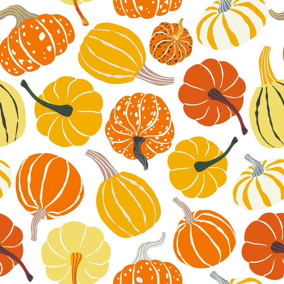 bunt Kürbisse nahtlos Muster. Herbst, fallen Hintergrund, Hintergrund. Kürbisse Vektor Illustration zum Textil, Papier Design.